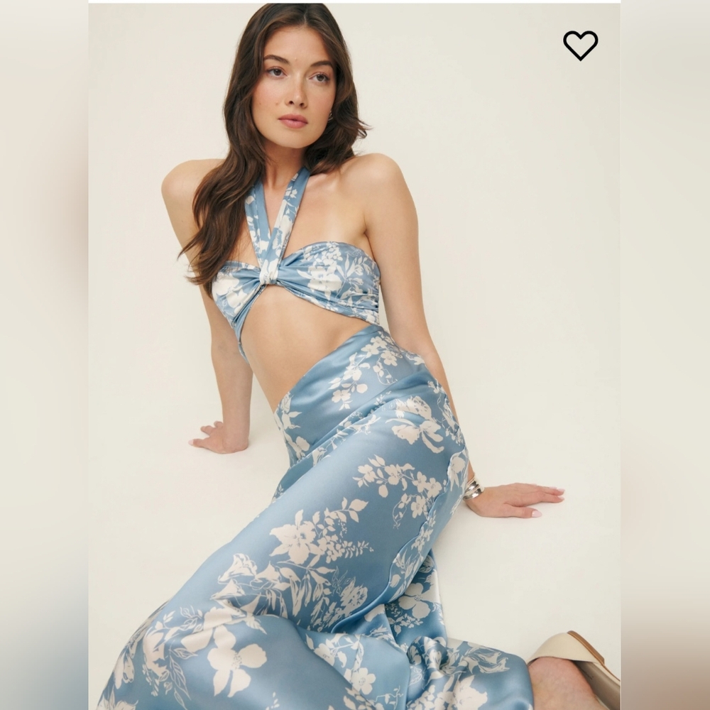 NEW Reformation Vivi Silk Maxi Dress 6 Maxi Cutout Blue White Floral Resort